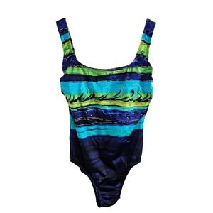Longitude Woman Size 14 Long Torso 1 Piece Swim Suit Cross Back Colorful